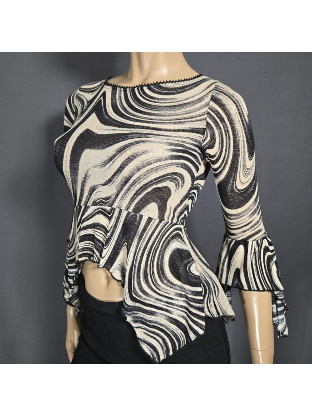 Black & Cream Swirl Peplum Top with Ruffle Sleeves